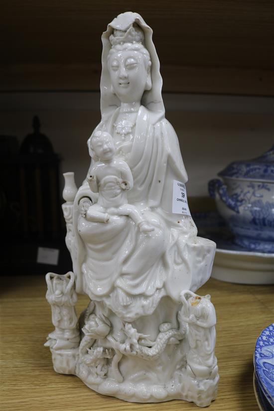 A large Chinese blanc de chine group of Guanyin and child, Kangxi period, damage and losses